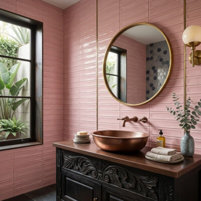 Roca Flow Velvet Pink Polished Ceramic Tiles 3×12 (WRT12611) Room Scene Image